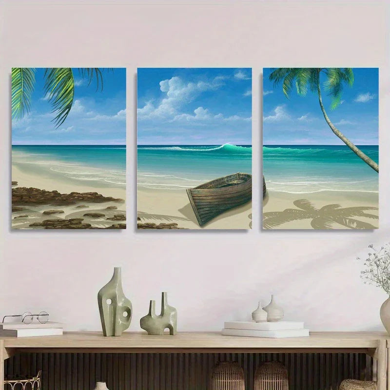 3pcs Tropical Seascape with Sand and Weathered Boat Metal Print Ready to Hang Art