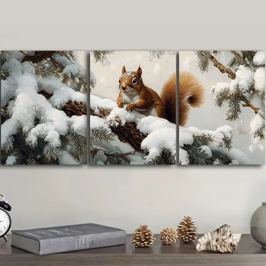 3pcs Rustic Squirrel on Branch Metal Print Ready to Hang Art
