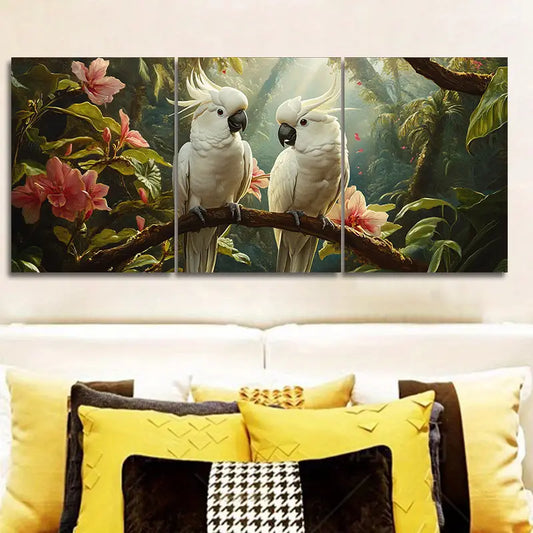 3pcs White Cockatoos on Branches Metal Print Ready to Hang Art