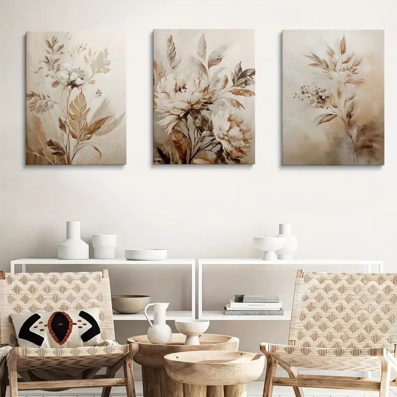 3pcs Bohemian Neutral Plant Beige Abstract Floral Metal Print Ready to Hang Art