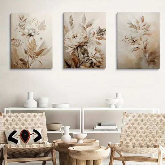 3pcs Bohemian Neutral Plant Beige Abstract Floral Metal Print Ready to Hang Art