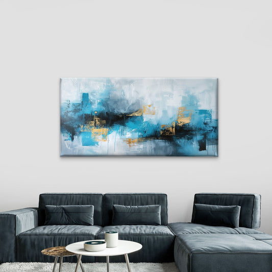 Abstract Blue Gold Oil Art Wall Art Canvas Office Home Room Framed 80x45cm