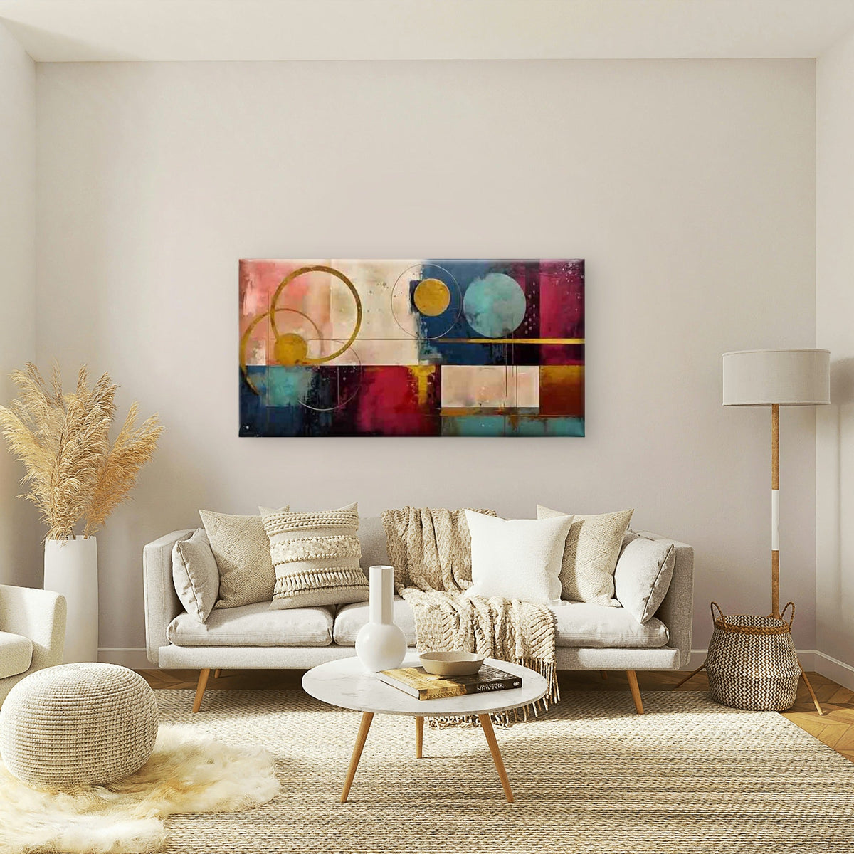 Minimalist Circles & Squares Wall Art Canvas Office Home Room Framed 80x45cm