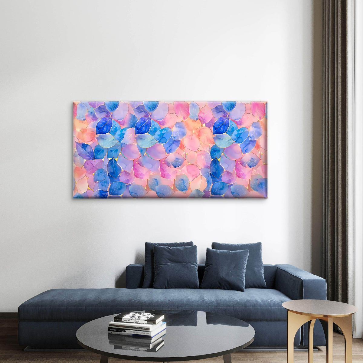 Watercolor Blue Pink Leaves Gold Veins Pattern Wall Art Canvas Office Home Room Framed 120x60cm