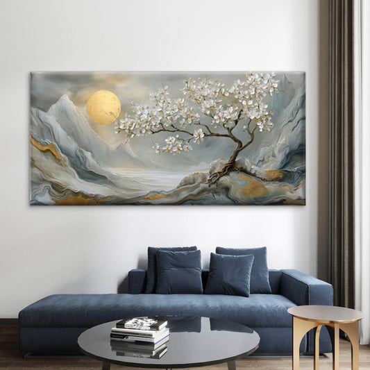 Golden Moon & White Floral Tree Wall Art Canvas Office Home Room Framed 80x45cm
