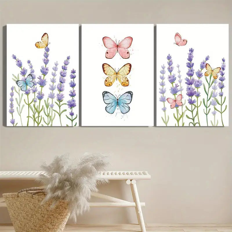 3pcs Lavender Flowers with Colorful Butterflies Metal Print Ready to Hang Art