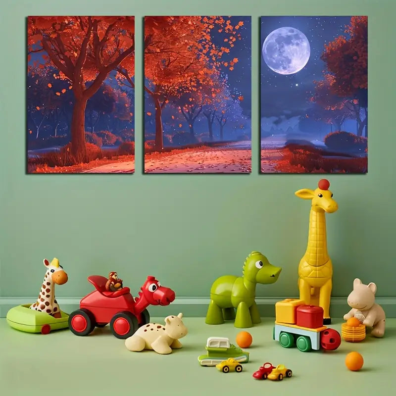 3pcs Watercolor Autumn trees Road Moon Night Metal Print Ready to Hang Art