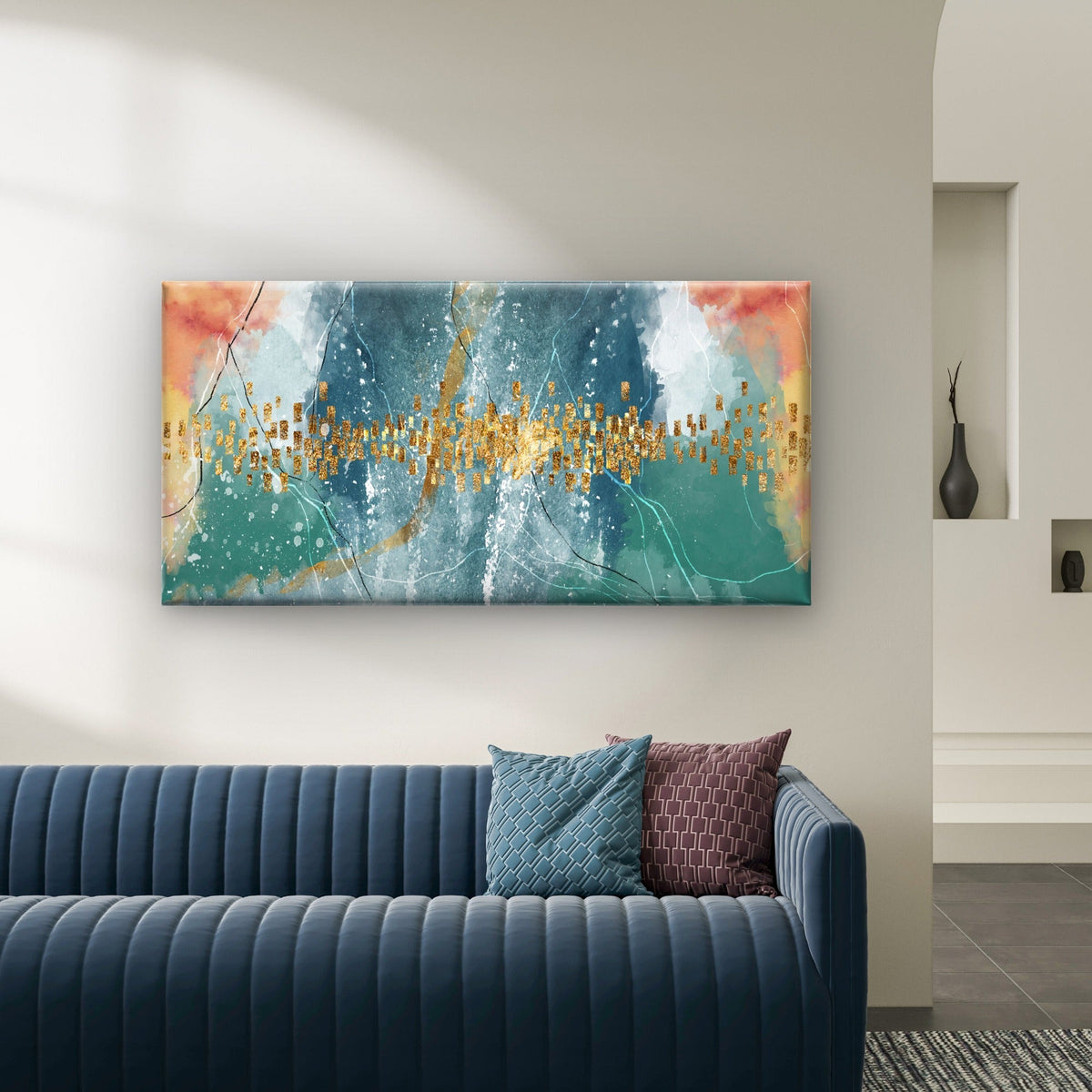 Teal Coral Gold Abstract Modern Wall Art Canvas Office Home Room Framed 80x45cm