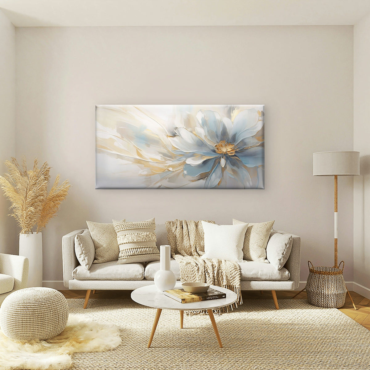 Abstract Blue Gold Floral Blossom Wall Art Canvas Office Home Framed 120x60cm