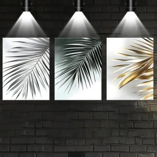 3pcs Abstract Leaves Green Gold Classic Design Metal Print Ready to Hang Art