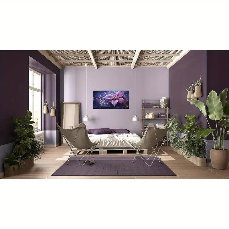 Abstract Purple Flower Vibrant Floral Wall Art canvas office home room framed 80x45cm