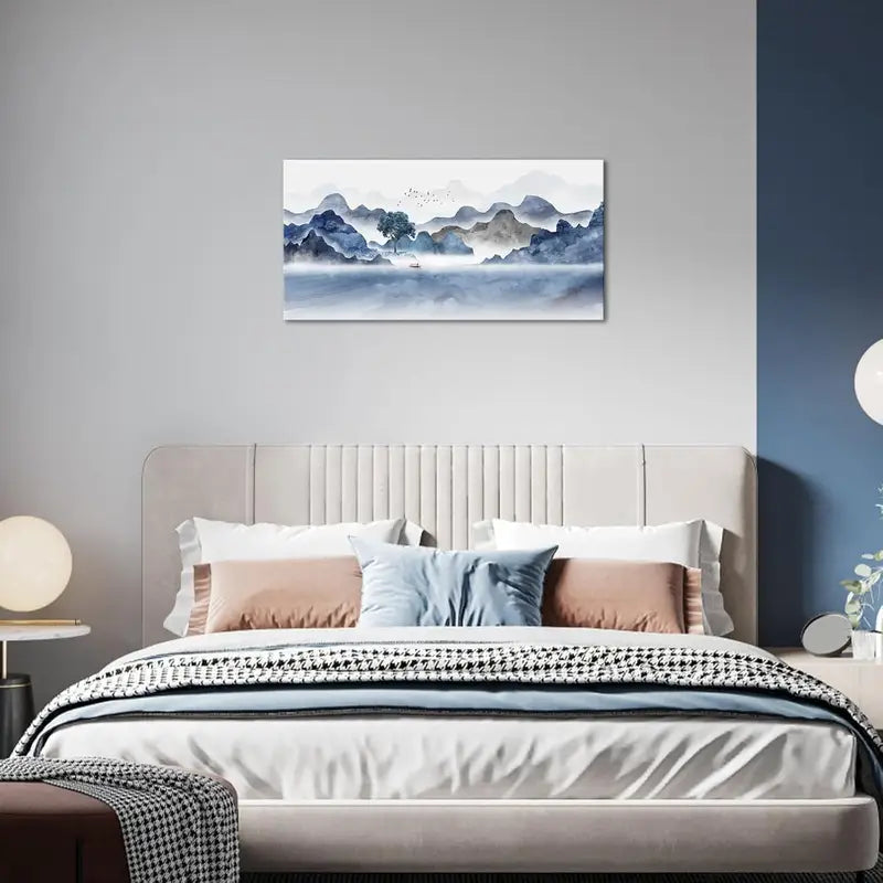 Black & Blue Mountain Lake Wall Art canvas office home room framed 120x60cm