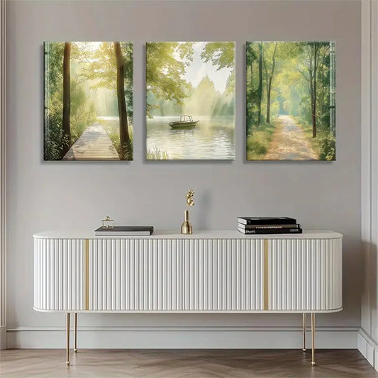 3pcs Tranquil Nature Scenes with Gentle Sunlight Calm Pathways Metal Print Ready to Hang Art