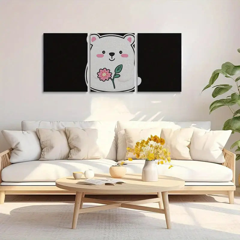 3pcs Cute White Bear Holding Pink Flower Classic Design Metal Print Ready to Hang Art