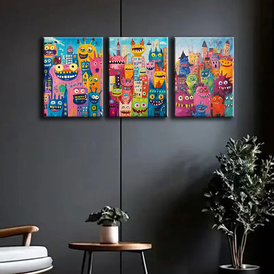 3pcs Vibrant Smiling Monsters Metal Print Ready to Hang Art