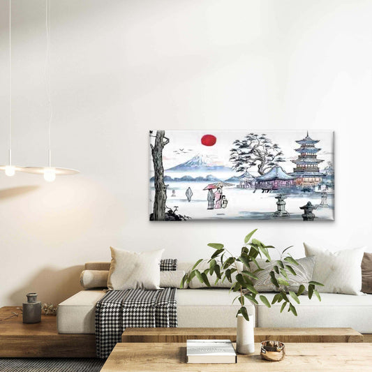 Japanese Landscape with a Pagod Wall Art Canvas Office Home Room Framed 80x45cm