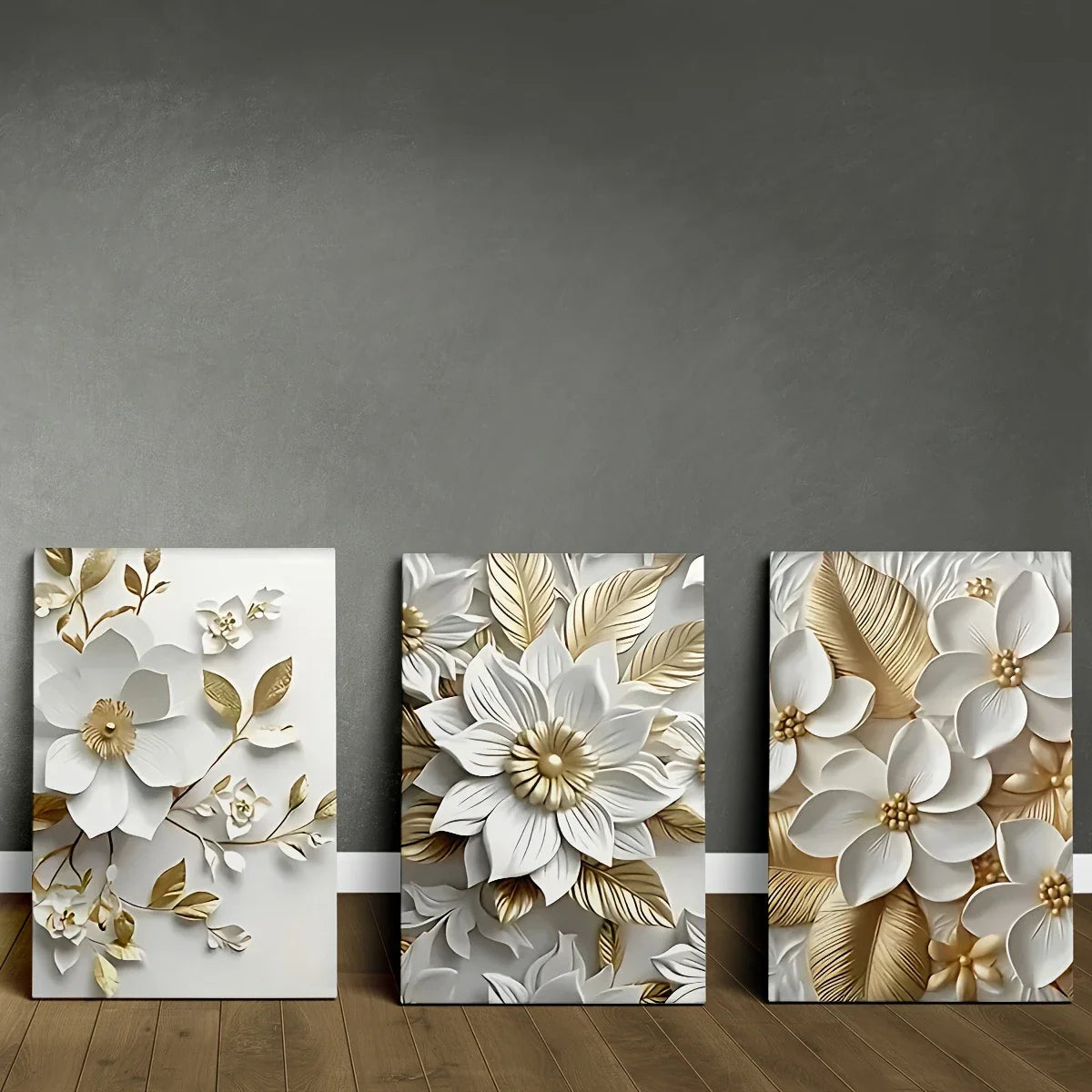 3pcs Classic White Flower Golden Leaf Design Metal Print Ready to Hang Art