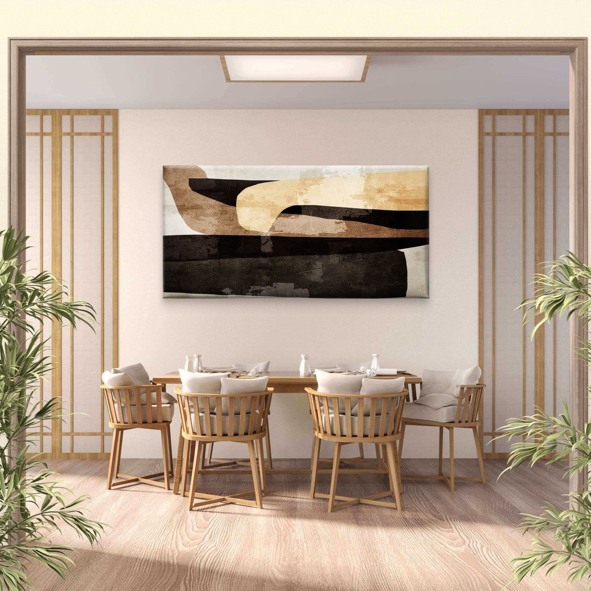 Abstract Beige Black Block Wall Art Canvas Office Home Room Framed 80x45cm