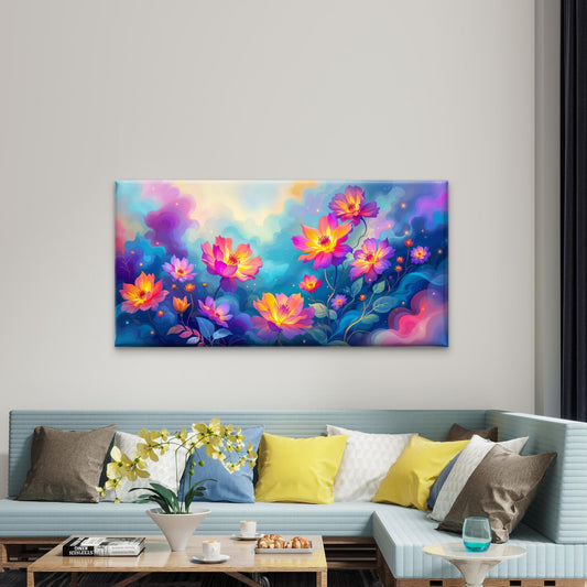 Glowing Cosmos Flowers Abstract Wall Art Canvas Office Home Room Framed 80x45cm
