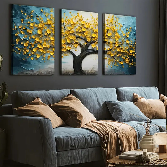 3pcs Ready to Hanging, Art Style Modern Abstract Trees Golden Flower Wall Art Set Canvas Framed 40x60cm - High Quality Print 100% Australian Made Wall Canvas Ready to Hang