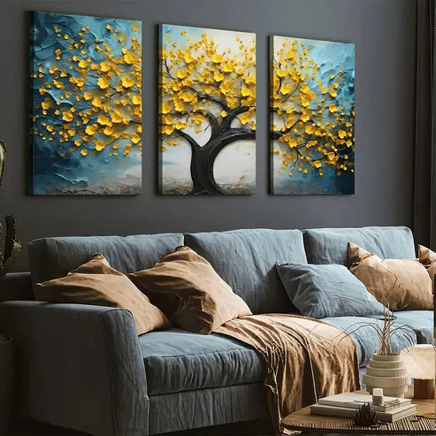 3pcs Ready to Hanging, Art Style Modern Abstract Trees Golden Flower Wall Art Set Canvas Framed 60x90cm - High Quality Print 100% Australian Made Wall Canvas Ready to Hang