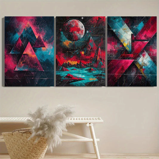 3pcs Vibrant Abstract Geometric Shapes Colorful Metal Print Ready to Hang Art