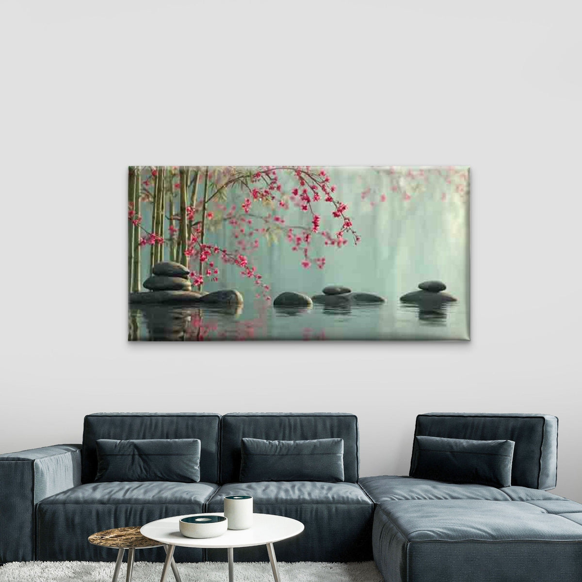 Pebbles & Cherry Blossoms Wall Art Canvas Office Home Room Framed 80x45cm