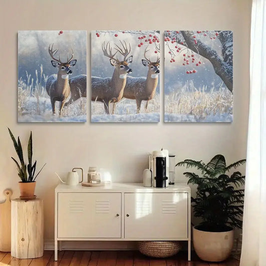 3pcs Winter Deer Scene with Snowy Field & Red Berries Metal Print Ready to Hang Art