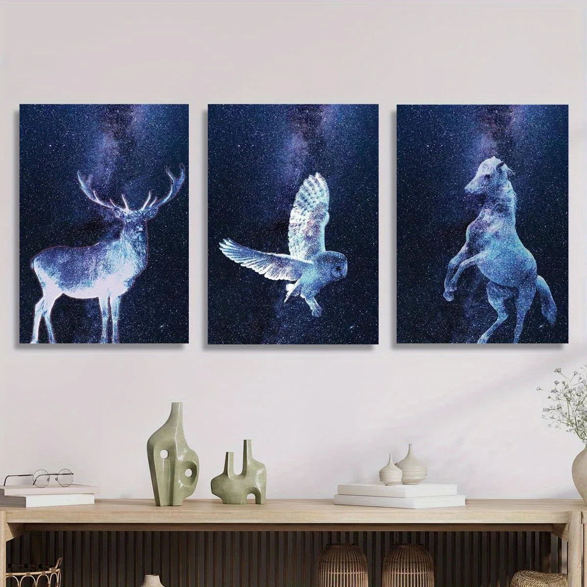 3pcs Abstract Cosmic, Deer, Owl & Horse in Space Stars Metal Print Ready to Hang Art