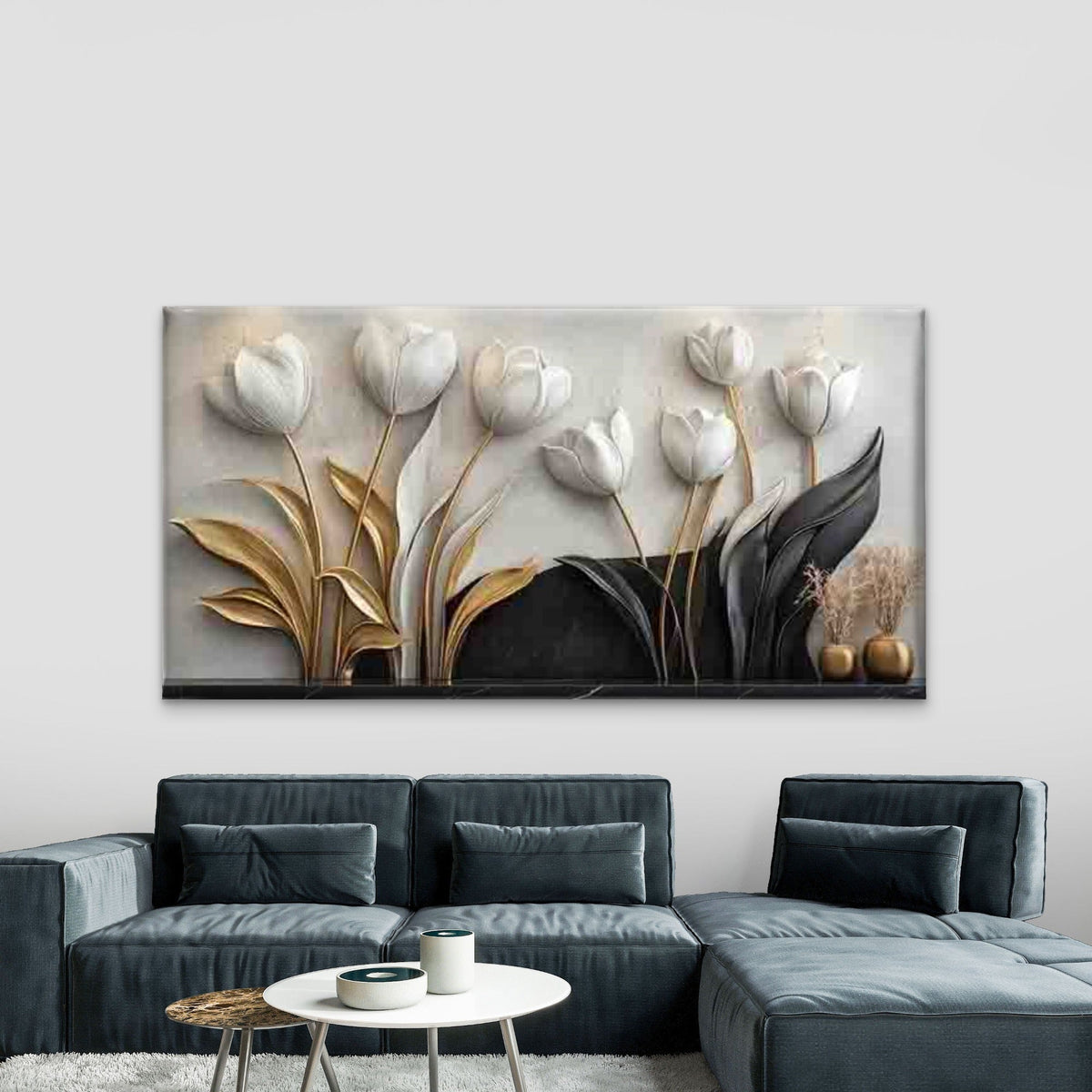 Abstract Tulip White & Golden Wall Art Canvas Office Home Room Framed 80x45cm