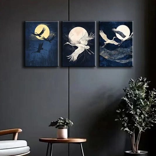 3pcs Cranes Fly Under the Moon Metal Print Ready to Hang Art