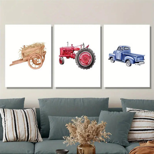 3pcs Vibrant Tractor & Truck Illustrations, Watercolor Metal Print Ready to Hang Art