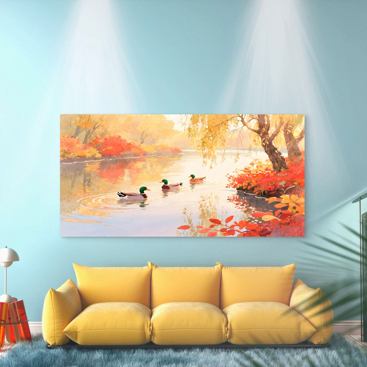 Ducks On A Calm Autumn Pond Wall Art Canvas Office Home Room Framed 80x45cm