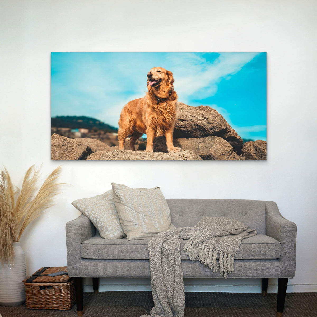 Golden Retriever On Rocks Wall Art Canvas Office Home Room Framed 80x45cm