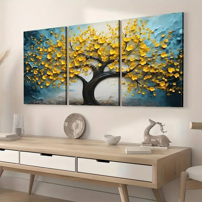 3pcs Ready to Hanging, Art Style Modern Abstract Trees Golden Flower Wall Art Set Canvas Framed 40x60cm - High Quality Print 100% Australian Made Wall Canvas Ready to Hang