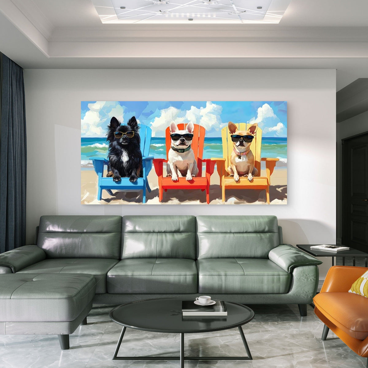 Beach Dogs in Fashion Glasses Wall Art Canvas Office Home Room Framed 80x45cm