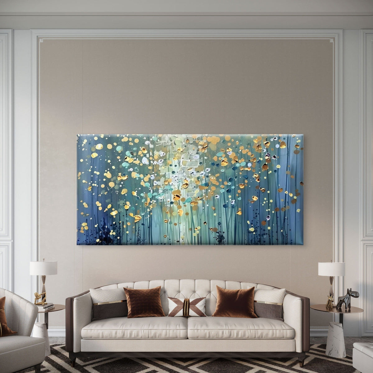Abstract Blue and Golden Forest Wall Art Canvas Office Home Room Framed 80x45cm