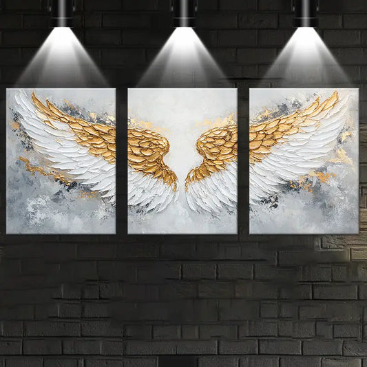 3pcs Abstract White Wings Golden Feather Design Metal Print Ready to Hang Art