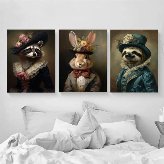 3pcs Royal Dressed Animal Vintage Classic Design Metal Print Ready to Hang Art