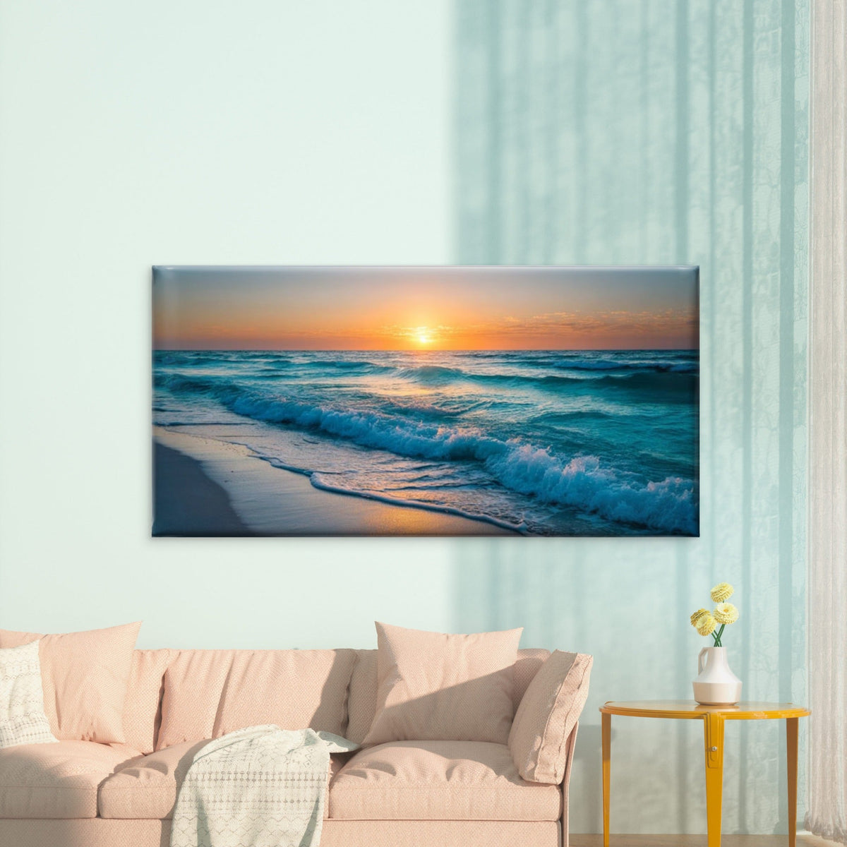 Blue & Golden Sunset Seascape Wall Art Canvas Office Home Room Framed 80x45cm
