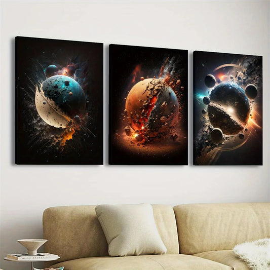 3pcs Space Odyssey Vivid Planets & Cosmic Abstract Metal Print Ready to Hang Art