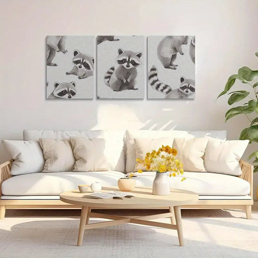 3pcs Charming Digital Illustration of Adorable Raccoons Metal Print Ready to Hang Art