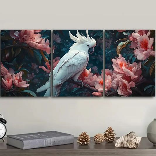 3pcs White Cockatoos & Floral Branches Metal Print Ready to Hang Art