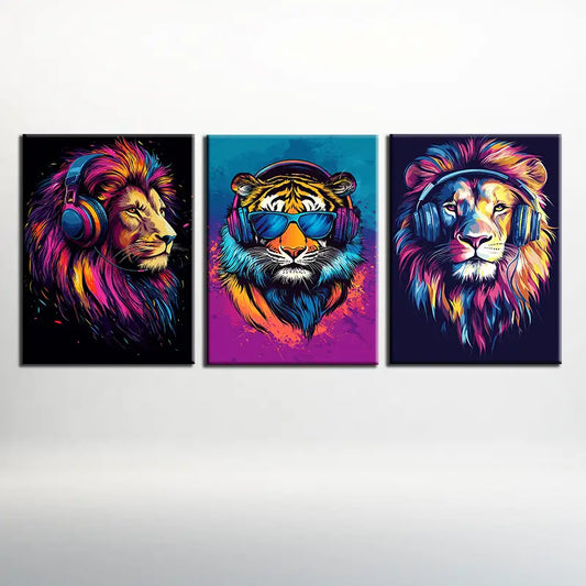 3pcs Modern Headphone Lions & Tigers Metal Print Ready to Hang Art