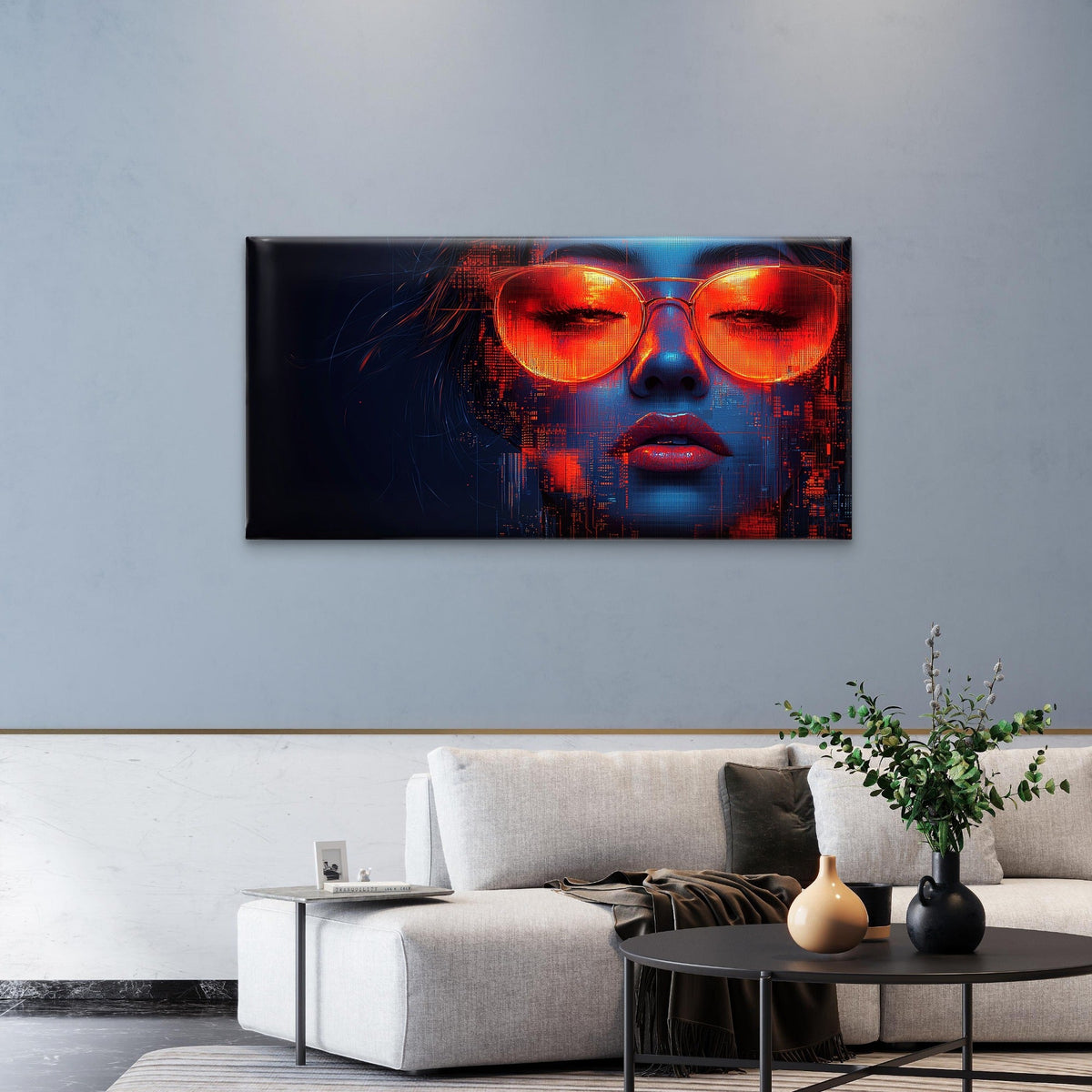 Cyberpunk Girl Neon Glasses Wall Art Canvas Office Home Room Framed 120x60cm