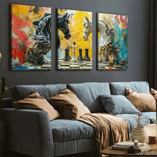 3pcs Modern Fashion Art Style Chess Knight Art Wall Art Set Canvas Framed 40x60cm - High Quality Print 100% Australian Made Wall Canvas Ready to Hang