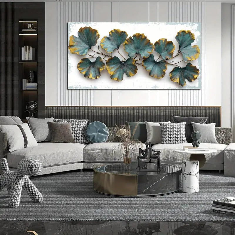 Teal & White Green Leaves Wall Art canvas office home room framed 120x60cm
