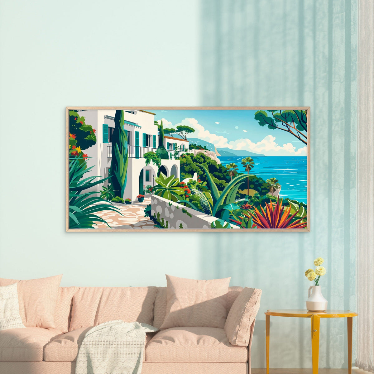 Mediterranean Village Scenic Wall Art Canvas Office Home Room Framed 80x45cm