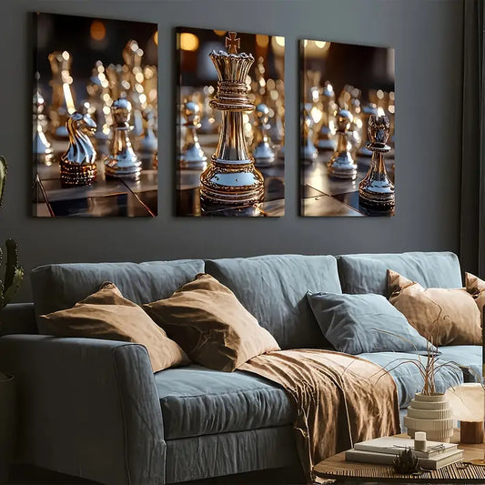 3pcs Golden Light Luxury Chess King Close-Up Art Wall Art Set Canvas Framed 40x60cm - High Quality Print 100% Australian Made Wall Canvas Ready to Hang