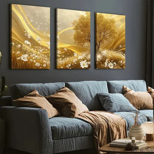 3pcs Golden Grassland Light Luxury Art Calm Wall Art Set Canvas Framed 60x90cm - High Quality Print 100% Australian Made Wall Canvas Ready to Hang